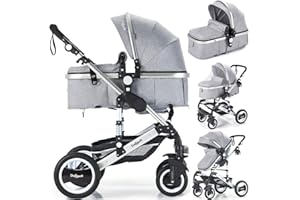 Daliya Bambimo 2in1 Kinderwagen - Kombikinderwagen 9-Teiliges Set incl. Babywanne & Sportsitz/Buggy - 1-Klick-System/Alu-Rahmen/Voll-Gummireifen/Sonnenschutz/Getränkehalter in Grau