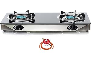 NJ THE RIGHT CHOICE NJ NGB-S2 Indoor Gas Stove 2 burners Hob Black Glass Cooker 6.8kW with Regulator Set (Propane 37mbar Screw-on)