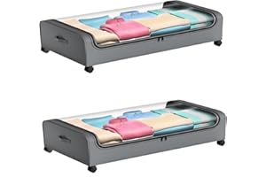 lomonmen 2 Piezas Caja Almacenaje Bajo Cama,Caja Bajo Cama con Ruedas,Estructura Metalica,Zapatero Bajo Cama con Rotación de 360° y Tapa y Ventana de Visua