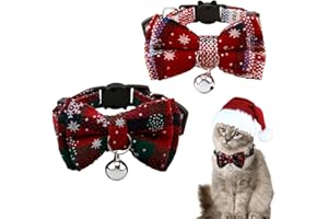 OMCGG 2PCS Christmas Cat Collar with Bell and Bow Tie, Safety Quick Release Buckle Kitten Collar Adjustable 22-32cm Detachable Bowtie and Bell for Kitten Puppy Small Pets (Christmas Red+Green)