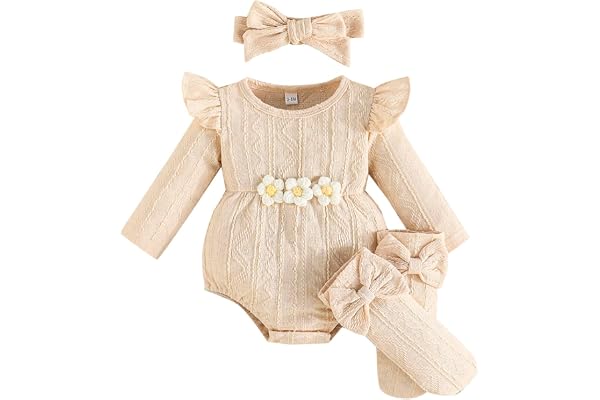 Kunyeah 3 st baby flicka kläder småbarn ruffle sparkdräkt långärmad bodysuit båge hårband strumpor nyfödd blomma jumpsuit