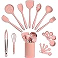 Silicone Kitchen Utensils Set & Holder: Cooking Utensils Set - Kitchen Essentials for New Home & 1st Apartment- Silicone Spatula Set, Cooking Spoons for Nonstick Cookware (Silicone, Pink)