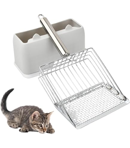Paletta Per Lettiera Gatti In Acciaio Inox - Doppia Filtrazione (3mm/10mm), Con Base Di Appoggio, Lunghezza 27 Cm