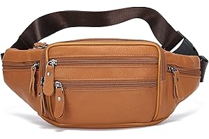 OrrinSports Leather Fanny Pack for Women Men, Genuine Waist Bag for Daily Hiking Travel Running Khaki