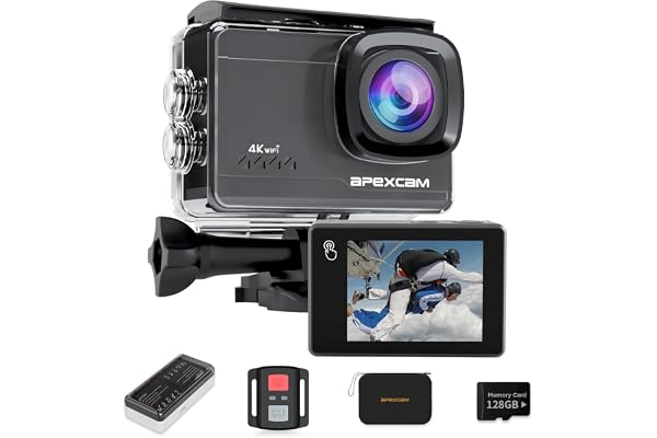 Action Cam 4K Étanche 60FPS avec Stabilisation EIS et Écran Tactile, Caméra Sport 64MP WiFi, Carte SD 128GB Incluse, 2 Batteries 1350mAh et Étui Portable – Pour Plongée, Cyclisme, Ski, Aventure