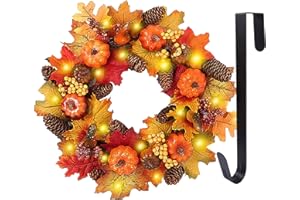 HUTATO 45CM Artificial Maple Autumn Wreath with LED Light and Hanger,Sunflower Fall Wreath with Leaves, Berries, Bow-knot, and Pumpkin Harvest Autumn Front Door Wreath for Halloween Thanksgiving Decoration