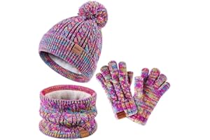 ZUPPAD Mütze und Schal Kinder Set, Kinder Beanie Mütze Winter mit Bommel Strick Halswärmer Halstuch Schlauchschal Warme Handschuhe Fleece Gefüttertes Geschenk Set für Mädchen Kinder