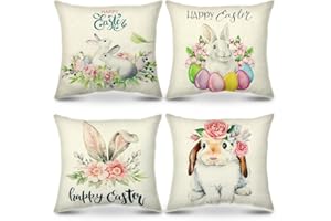 MELEAGER 4 poszewki na poduszkę, na Wielkanoc, dekoracja wielkanocna, zając, jajka wielkanocne, len, dekoracyjne poszewki na poduszkę, 45 x 45 cm, na sofę, do sypialni