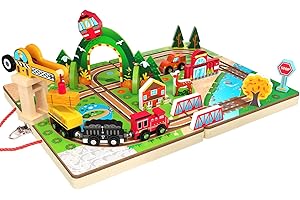 Atoylink 20Pcs Pista Trenino Treno Legno Bambini Set Ferrovia in Legno Pista Macchinine Treno Giocattolo per Bambini con Gru Trenino Legno Regali Compleanno per Ragazzi Ragazze 3 4 5 6 7+Anni