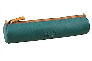 RHODIA 319006C - Trousse Ronde Rhodiarama Paon - 21,5x5,5 cm - Coutures Véritables Orange - Intérieur Jersey Ivoire - Simili Cuir - Rangement Stylos, Crayons, Feutres, Petites Fournitures