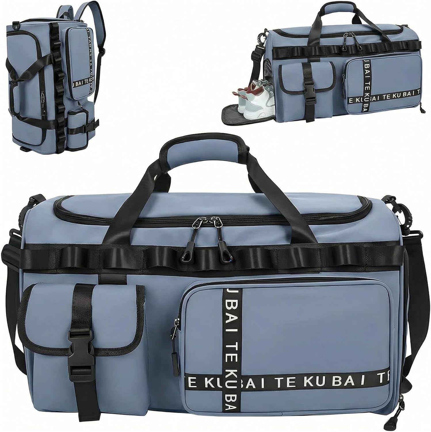 Bolsa de deporte de viaje para hombre y mujer, grande, 65 L, con compartimento para zapatos y compartimento húmedo, gran capacidad, bolsa de viaje, bolsa de natación, bolsa de dormir (azul)
