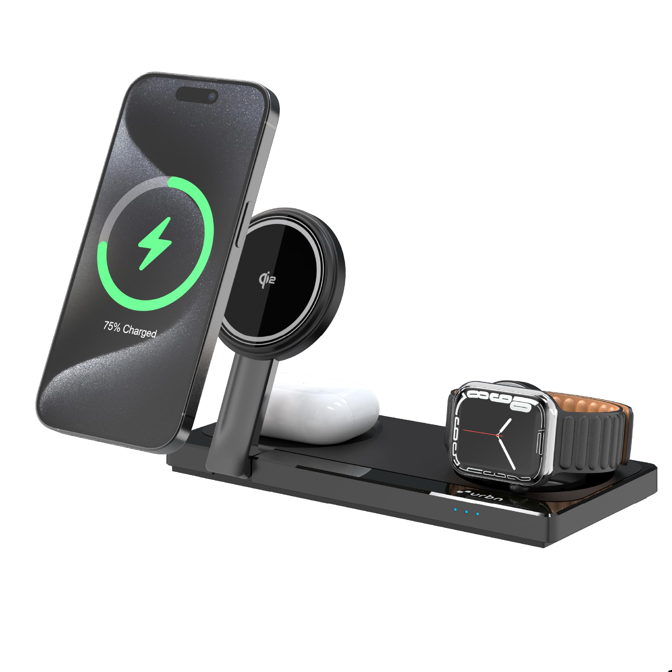 URBN Qi2 Certified 3-in-1 MagSafe Wireless Charging Stand | Foldable Charger for Apple iWatch, AirPods, iPhone 16/16 Pro/16 Plus/15/15 Pro Max & Qi-Compatible Smartphones | Sleek Design