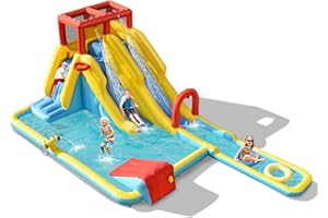 COSTWAY Nadmuchiwany zamek z długimi podwójnymi zjeżdżalniami, ścianką do wspinaczki i armatką wodną, basen do zabawy, zjeżdżalnia, park wodny, brodzik, 622 x 335 x 225 cm (tylko dmuchany zamek)