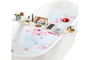 GOURDBRO Bandeja Bañera Plastico, Bandeja de Baño Extensible, Estante para Bañera Transparente 80-120cm, Accesorios Baño para Copas de Vino, Libros, Tabletas, iPad y Teléfono, Regalo Distintivo