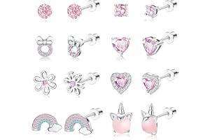 LOLIAS 10 Pares Lindos Pendientes con Rosca la Espalda para Mujeres y Niñas Acero Inoxidable Multicolor Corazón Flor Mariposa Arco Iris CZ Pendientes Hipoalergénicos Rosca la Espalda