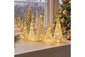 MOFIC Set of 5 Illuminated Mercury Glass Trees, 2026 New Mercury Glass Christmas Trees with Lights, Silver Christmas Decorations Tree Figurine for Xmas Decor Home Party Centerpiece Mantel Gift (Gold)