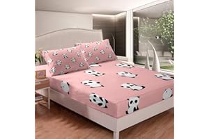 Loussiesd Panda Sheets Cartoon Panda Bed Sheet Set for Kids Girls Cute Animal Pattern Bedding Set Cartoon Giant Panda Fitted Sheet Bedroom Collection 3Pcs King Size,Pink