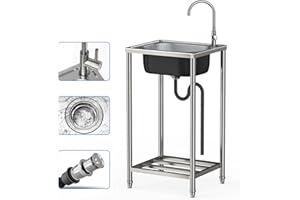 SEVENI Autoportant Inox Évier Extérieur, Évier Portable avec Support et Robinet, Mobile Jardin Evier Capacité de Charge Élevée, Évier de Cuisine für Restaurants, Garage, Waschküche (37x42x82cm)