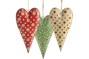 Logbuch-Verlag 3 corazones de metal para colgar, 14 x 7 cm, vintage, decoración de Pascua con cordón verde, rojo y crema