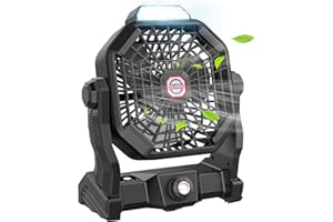 DOVECINA Leise Ventilator,Tragbar 10400mAh Akku Mini Ventilator 270° Rotieren Tischventilator LED Licht Outdoor Camping Ventilator mit Haken/USB-Aufladung für Büros,Schlafzimmer,Zelt,Camping Reisen (Schwarz)