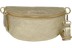 THEWAN. TheWan Demi Lune Petit Sac Banane Sac Poitrine Italien Cuir Italien Femme, Sac Demi Lune Porté Ceinture et de Travers Cuir Vachette,Dimensions: H12 x L 22 x P 5 cm (Or)