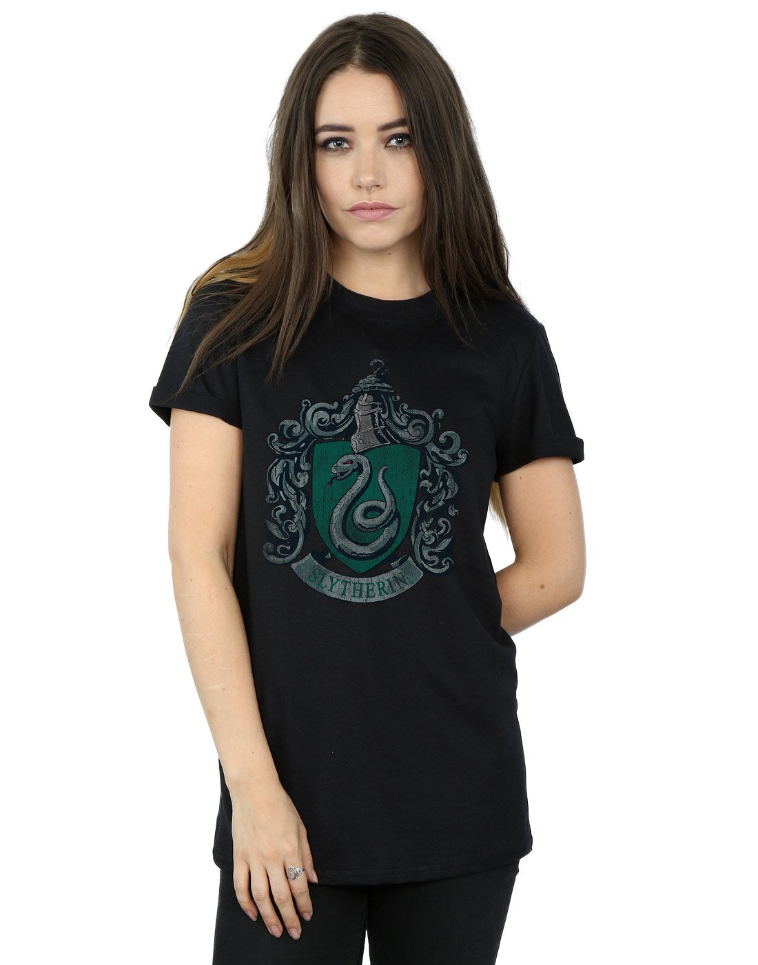 HARRY-POTTER-Damen-Slytherin-Distressed-Crest-Boyfriend-Fit-T-Shirt-Medium-Schwarz
