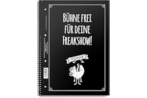 ‎PECHKEKS Pechkeks Notizbuch A4 kariert mit Spruch „Bühne frei“, Spiralbindung, 80 Seiten mit Innenrand, schwarz, DIN A4, 8201011