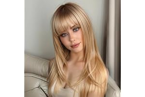 WOKESTAR Lange Gerade Perücken für Frauen mit Fransen, Layered Synthetic Light Blonde Farbe Perücken für Frauen