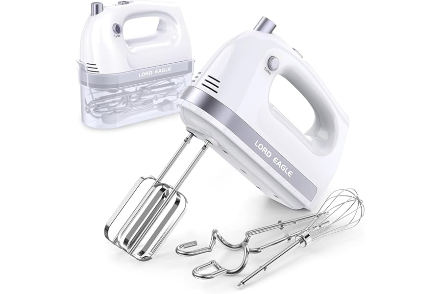 Lord Eagle Hand Mixer Electric Whisk, 400W Power Handheld Mixer for Baking Cake Egg Cream Food Beater, Turbo Boost/Self-Control Speed + 5 Speed + Eject Button + 5 Accessories, White