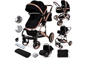 BAYOBAY Baby Buggy Pram Pushchair Stroller 3 in 1 Child Lightweight Folding Stroller 3 in 1 Travel System Pram for Newborns & Toddlers from Birth Aluminum (Black - Rose Gold Frame)