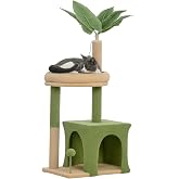 PawHut Scratching Tree for Cats 98 cm, Tower for Cats with Green Cave | Artificial Leaves, Bed, Scratching Posts, 2 Toy Balls