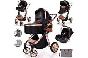 BONEELOOK Baby Buggy Pram Pushchair Stroller 3 in 1 Child Lightweight Folding Stroller 3 in 1 Travel System Pram for Newborns & Toddlers 0-36 Months from Birth Aluminum (Black - Rose Gold Frame)