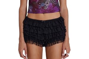 Tyolakuen Womens Lace Trim Lolita Ruffle Bloomers Shorts Y2k Fluffy Layered Pajamas Micro Shorts Fairy Pettipants