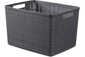 Curver Juliet- Cesta Rectangular Grande 20L, Almacenaje, Ordenación; 100% plástico Reciclado, Acabado Yute, 36x28xH23 cm, Gris Oscuro