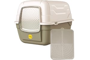 CAT CENTRE Grey Large Litter Tray Hooded Toilet Kittens Cats Charcoal Filter Flap Door Scoop Enclosed High-Sided Loo Box with Mat Bundle