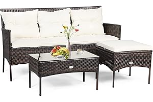 RELAX4LIFE 3 Seater Rattan Garden Corner Sofa Set, Patio Dining Furniture Set with Sofa Chair, Coffee Table, Stool & Cushion, All-Weather Wicker Outdoor Conservatory Set for Balcony Poolside (White)
