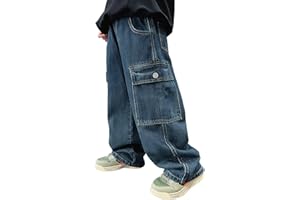 Happy Cherry - Kids Boys Baggy Jeans Straight Pant Denim Hip Hop with Elastic Waistband Trousers Teenager Streetwear Loose Vintage Casual for Summer Spring Autumn Winter - 110-164
