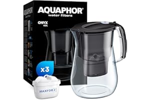 AQUAPHOR Onyx Black Water Filter Jug - Counter Top Design with 4.2L Capacity, 3 X MAXFOR+ Filters Included Reduces Limescale Chlorine & Microplastics Perfect for Families, Premium Quality Glass Effect