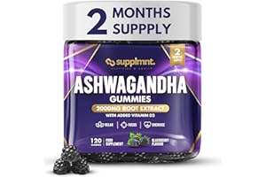 SUPPLMNT. Ashwagandha Gummies, 2000mg with Vitamin D2 | 120 Gummies - 2 Months Supply, BlackBerry Flavour Ashwagandha High Strength Root Extract Supplement, Alternative to Capsules. Gluten-Free