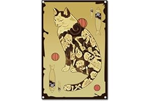 CREATCABIN Japonais Ninja Samouraï Chat Tatouage Métal Étain Signe Rétro Affiche Plaque pour Café Bar Pub Boutique Décoration, 8 x 12 Pouce