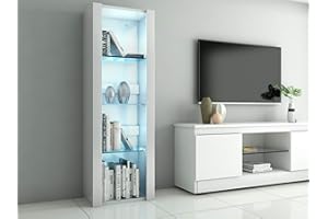 Panana High Gloss Tall Display Cabinet Wood Cupboard Sideboard Free Standing Storage Unit with Glass Shelves RGB LED Lights Living Room White (White)