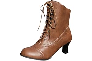 BRISKORRY Botines para mujer con tacón, estilo victoriano, vintage, gótico, con cordones, de piel, clásicas, de media caña medieval, retro, para boda, Oktoberfest