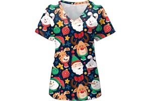 OUMSHBI Health Scrub Tops for Women UK Plus Size Womens Christmas Print Short Sleeve Pocket V Neck Overalls T Shirt Short Sleeve Top Lightweight Medical Scrub Top for Women Medical Scrub Tops