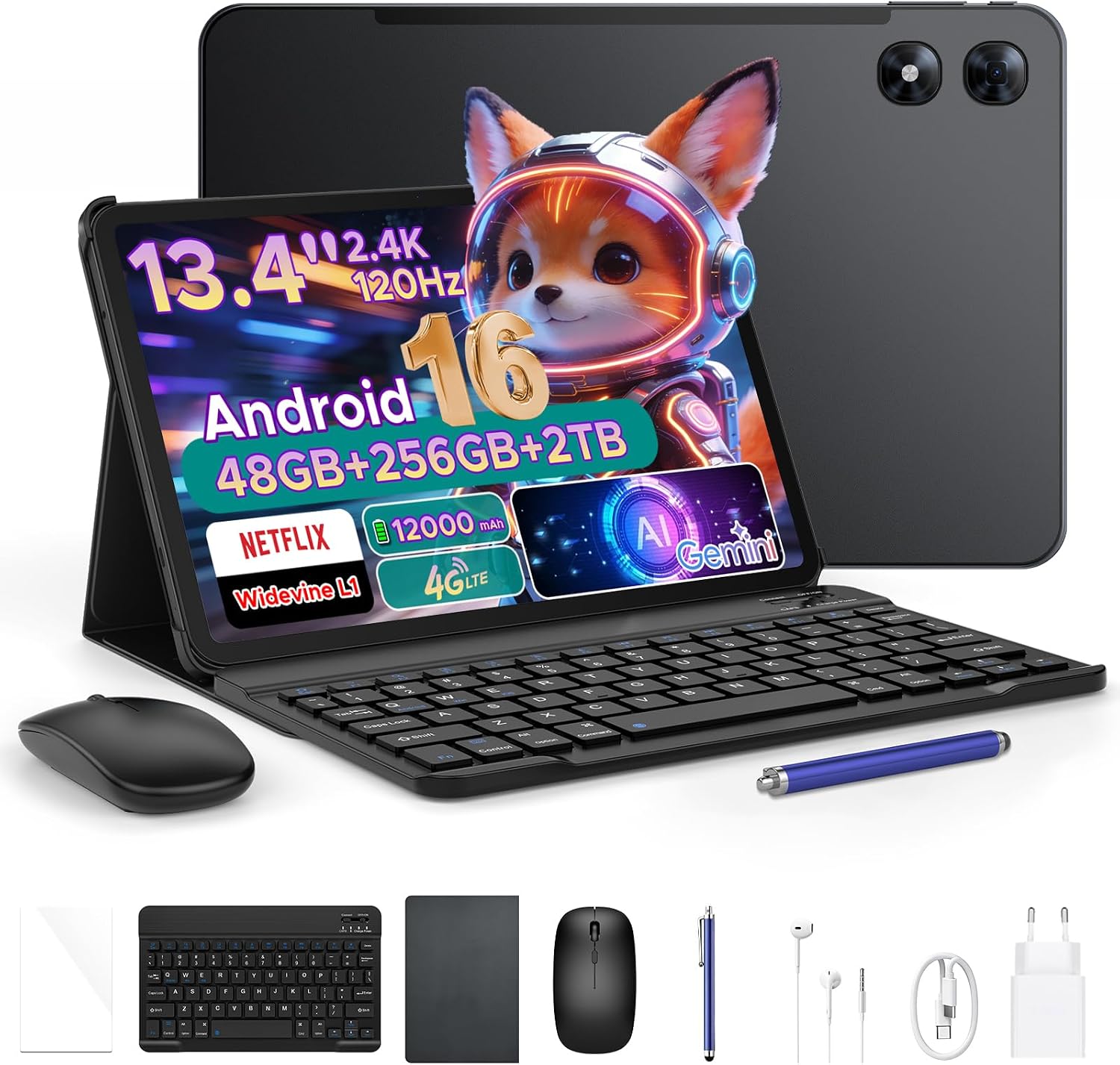 POPUX P13 Pro Tablet 13.4 Pulgadas 120Hz Android 16, 48GB RAM + 256GB(TF 2TB) Tablet con Teclado y Lapiz, T7280 Octa-Core, 12000mAh/18W, 16MP+8MP, Gemini AI, Widevine L1, Face ID, Dual SIM 4G