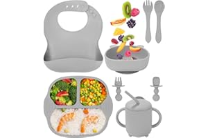 Jissta set pappa bimbo,set di svezzamento in silicone 8 pezzi con ventosa ciotola cucchiaio bavaglino della forchetta tazza da bere,stoviglie per lo svezzamento del bambino impermeabile BPA