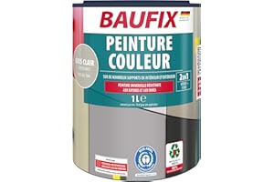 BAUFIX PEINTURE COULEUR 2en1 - Gris clair env. RAL 7044-1 litre - Pour l’intérieur & l’extérieur - Pour bois, zinc, fer, maçonnerie, béton, plaques en Eternit etc. - Séchage rapide
