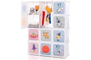 COSTWAY 8/12 Cube Children Clothes Closet, Cartoon Modular Wardrobe with Hanging Sections, Kids Storage Unit for Children Room, Nursery, Bedroom