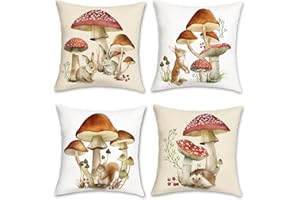 Bonhause Fundas de Cojín Seta 45 x 45 cm Funda de Almohada Marrón Rojo Seta Conejo Ardilla Terciopelo Suave Cojines Decorativos para Sofá Cama Hogar Jardín Patio Juego de 4