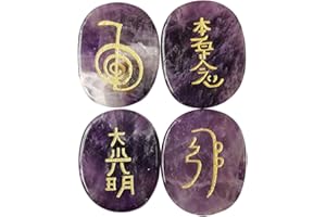 Lovionus89 4 Stück Amethyst Graviert Chakra Steine Heilung Kristall Reiki Ausbalancieren Palme Stein,25mm