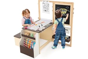 GOPLUS Caballete para Niños Multifuncional 3 en 1, Pizarra Infantil de Doble Cara Ajustable, Centro de Arte con Rollos de Papel Intercambiables, Juguete de Dibujo de Madera para 3 Años+, Gris